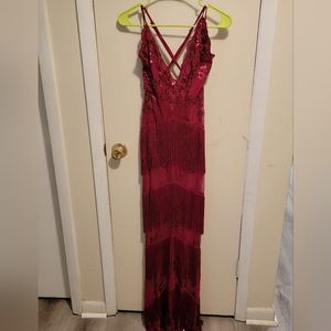 Burgundy Sequin Tassel Crossback Evening Dress